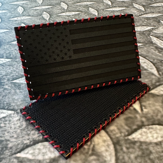 Hand Stitched Leather American Flag Patch - Black/Red Stitching