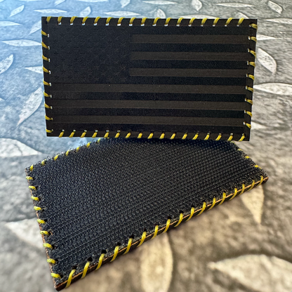 Hand Stitched Leather American Flag Patch - Black/Yellow Stitching